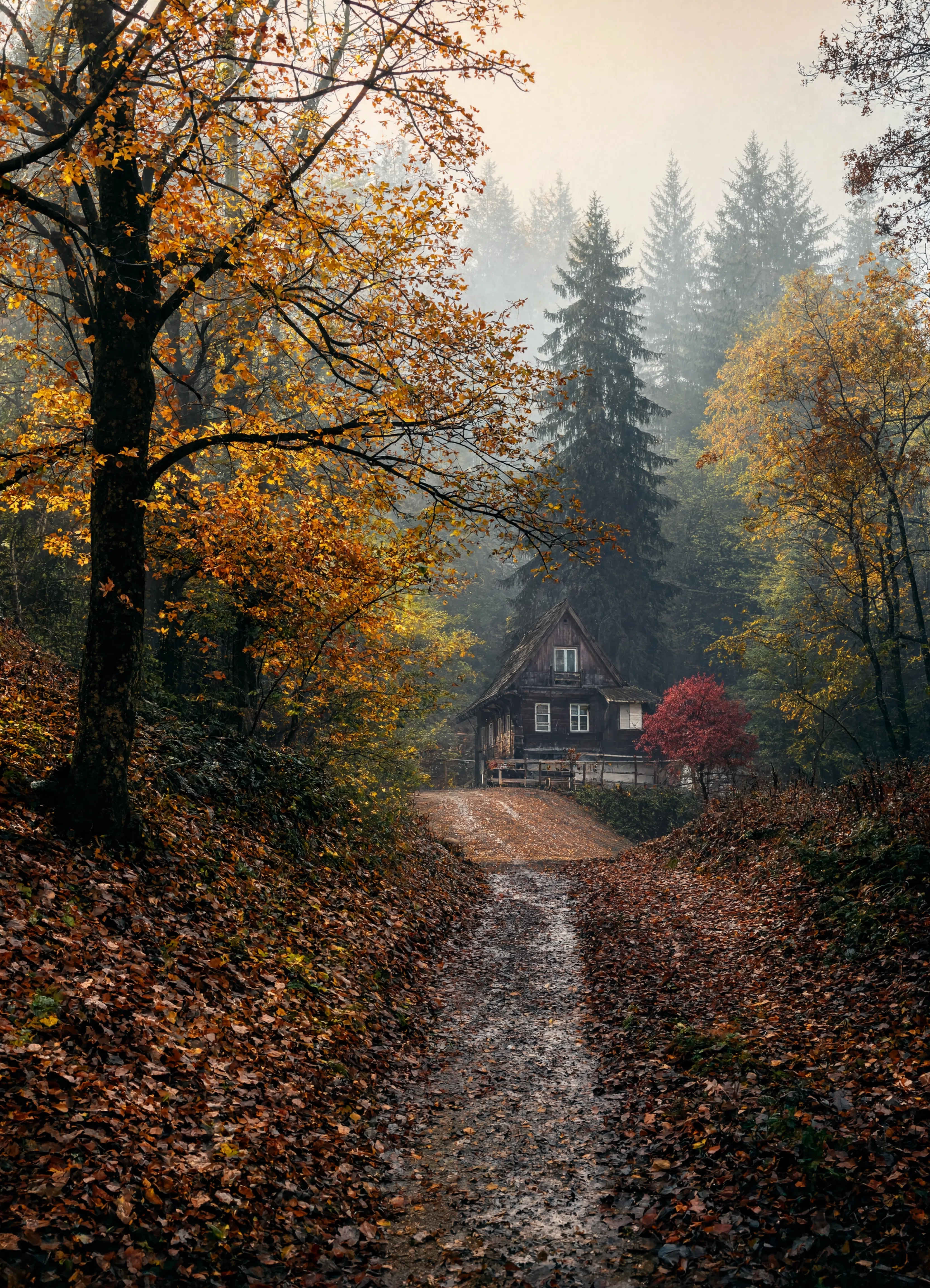 Dichter Schwarzwald mit Nebel zwischen den Tannen im frühen Morgen