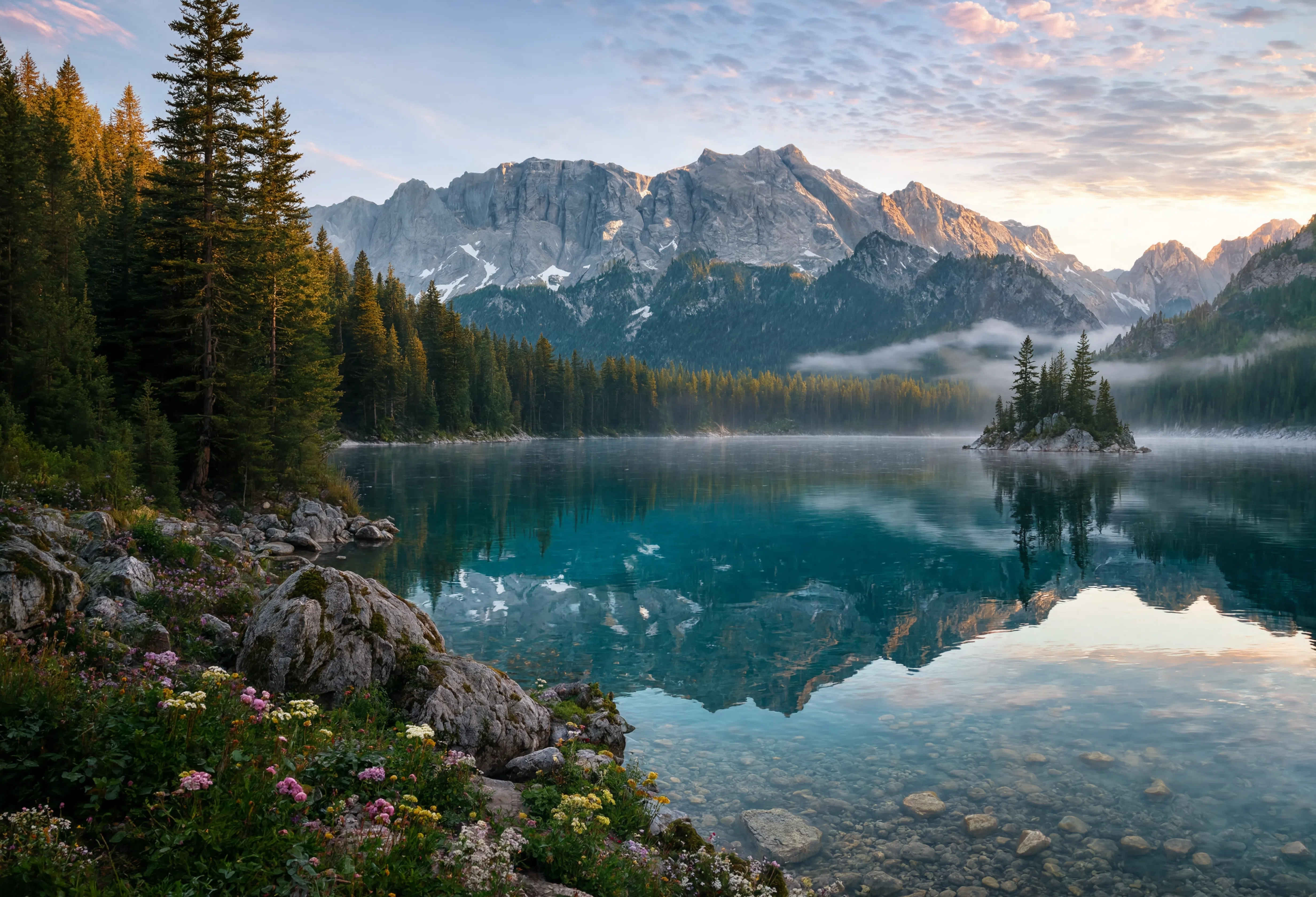 Eibsee mit türkisblauem Wasser und Zugspitze im Hintergrund
